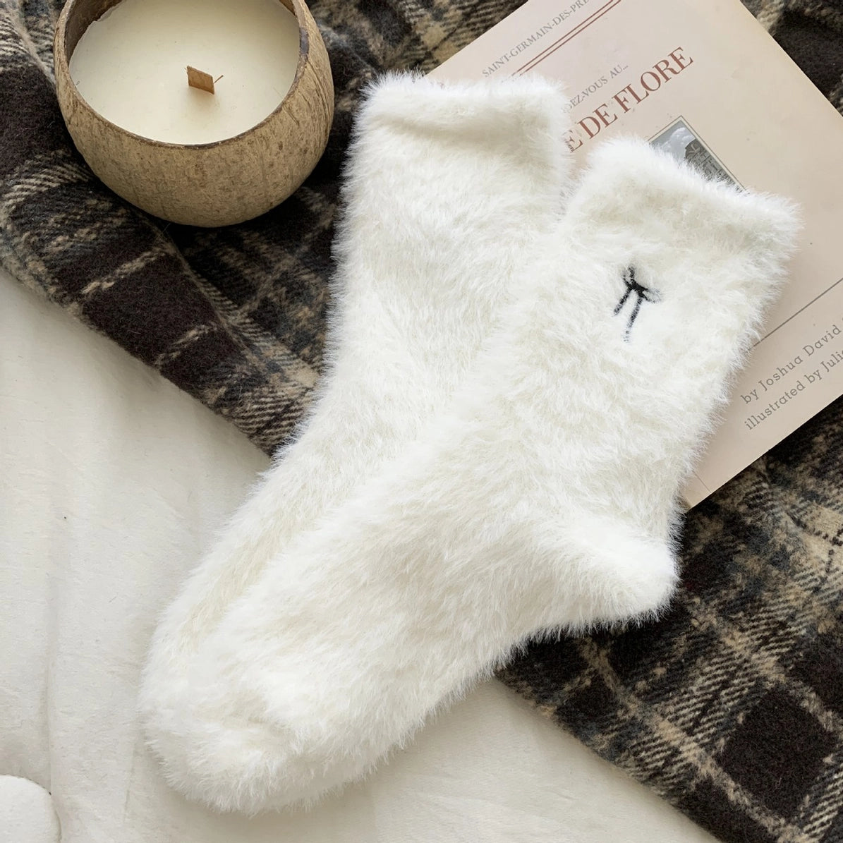 Bow Embroidery Socks Women Winter Thick Sleep SOCKS