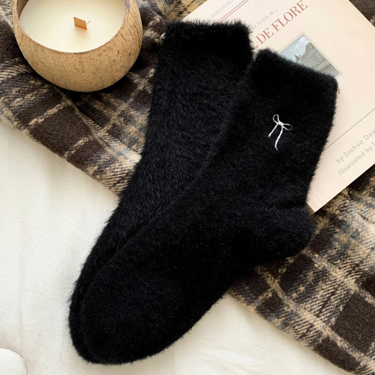 Bow Embroidery Socks Women Winter Thick Sleep SOCKS