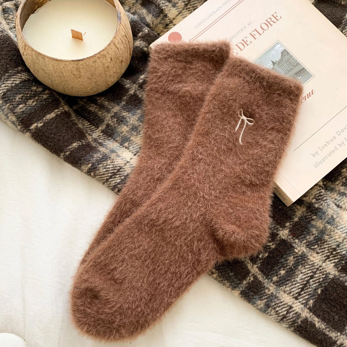 Bow Embroidery Socks Women Winter Thick Sleep SOCKS