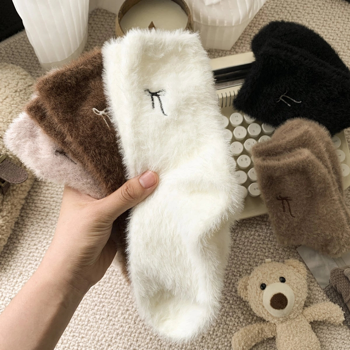 Bow Embroidery Socks Women Winter Thick Sleep SOCKS