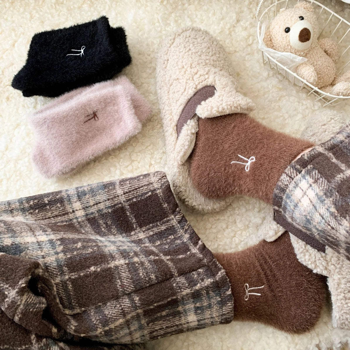 Bow Embroidery Socks Women Winter Thick Sleep SOCKS